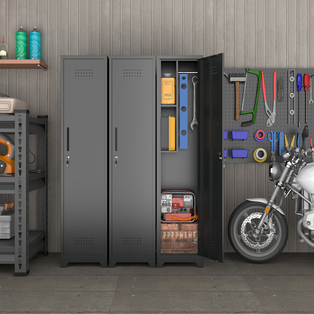 Gabinet de almacenamiento para limpieza de metal negro y esbelto con puerta cerradora, estantes y barra de colgado, organizador de utilidades de 65" de alto para cocina, despensa, oficina, taller y garaje