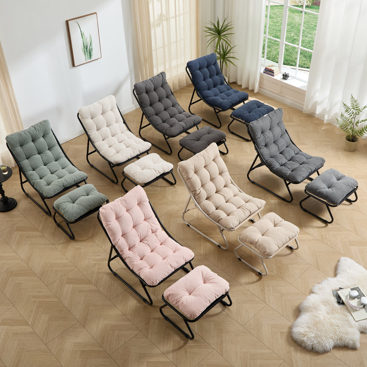 Silla de estar exterior para el patio con cojín, Silla reclinable cómoda con cojín abultado y taburete, Ideal para el salón, el dormitorio, la sala de lectura, Color de marco beige con cojín beige