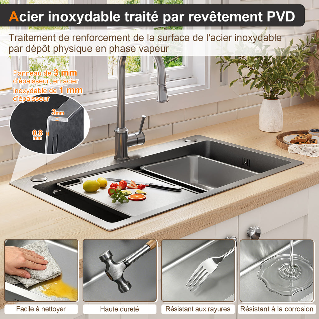 Lavabo de instalación de 75x45cm de acero inoxidable con tabla de corte, fregadero interior adicional y colador, lavabo de cocina con recubrimiento PVD, desague en cascada, construcción silenciosa y 3 tocones para accesorios