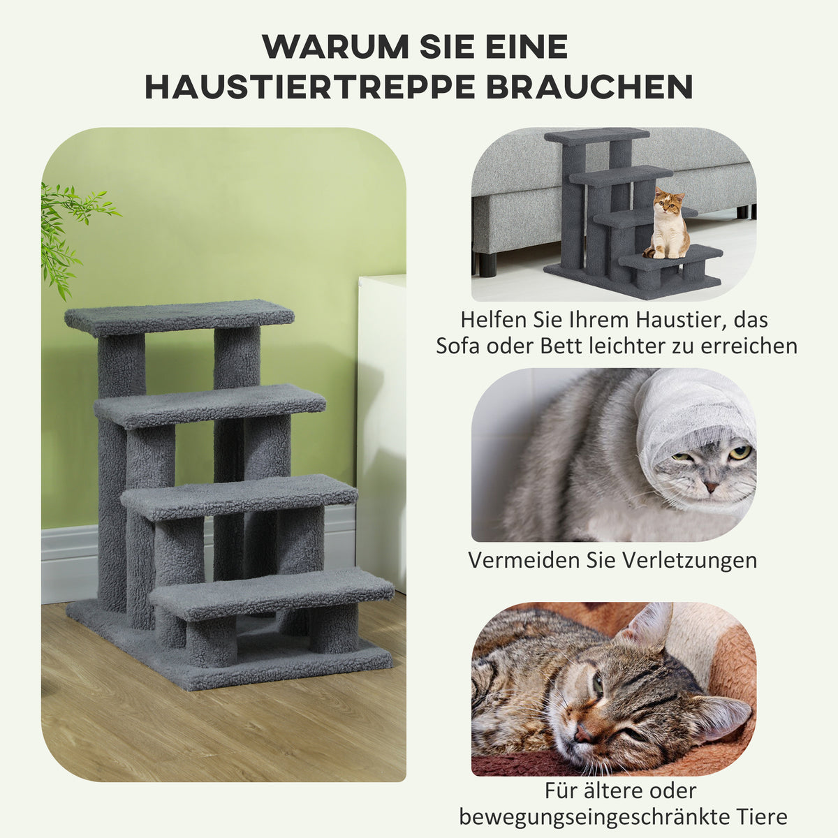 Escalera para mascotas, escalera para gatos, escalera para perros, 4 escalones, color gris, 63,5x43x60cm, ideal para gatos y perros, perfecta para ancianos y mascotas pequeñas