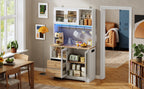 Armario de cocina de 178 cm, armario alto con LED, estante de cocina con toma de corriente, vitrina con puertas de cristal templado, estante para vinos, blanco con el aspecto de madera y placa de trabajo reforzada