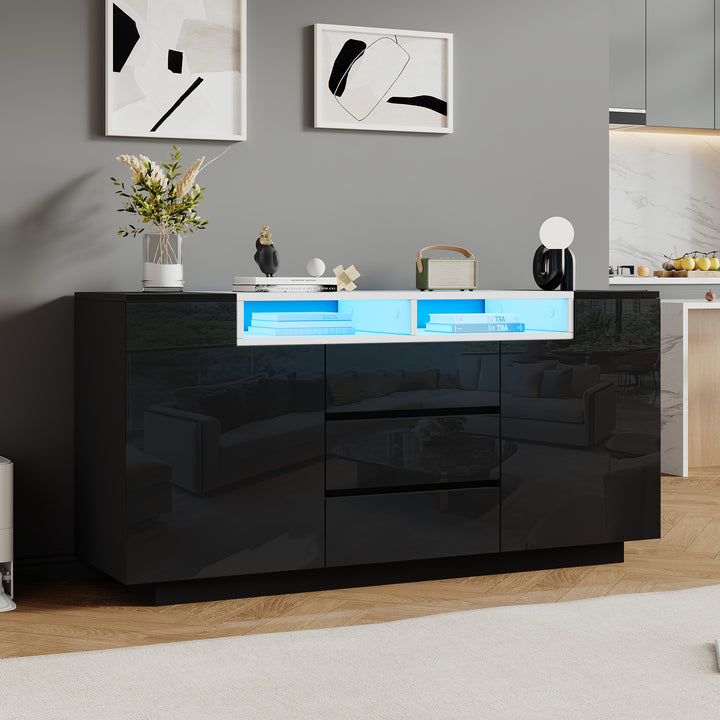 140*40*68cm Sideboard para el salón con 2 puertas en forma de L, armario para el salón con tabiques ajustables y luces LED, armario con lustre con 3 cajones, cómoda, negro