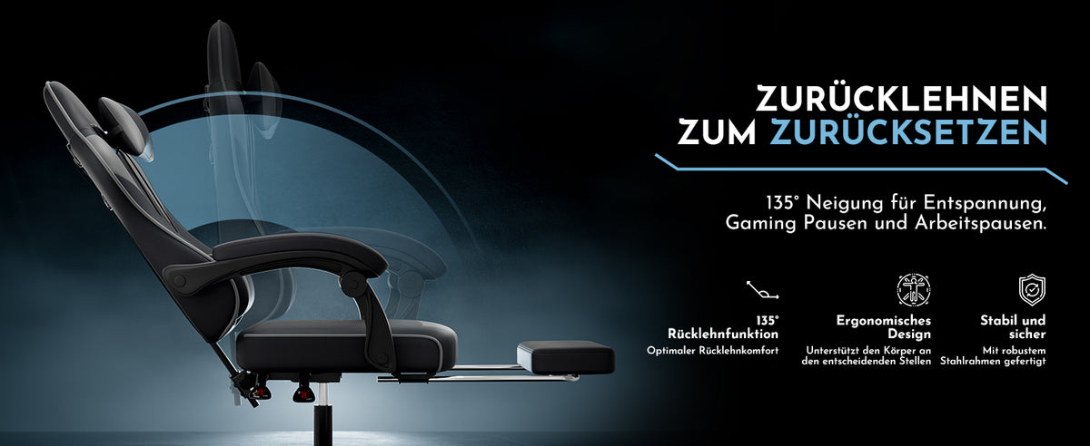 Silla de gaming para PC, silla de oficina con soporte lumbar, cabeza ajustable y brazos reclinables, silla de escritorio ergonómica con apoyo para los pies, ajustable de 90° a 145°, silla de oficina para hombre/mujer