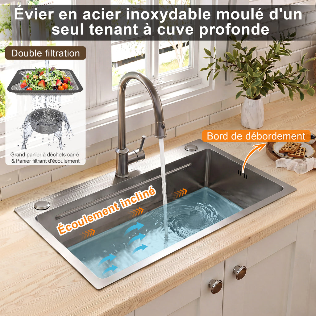 Lavabo de instalación de 75x45cm de acero inoxidable con tabla de corte, fregadero interior adicional y colador, lavabo de cocina con recubrimiento PVD, desague en cascada, construcción silenciosa y 3 tocones para accesorios