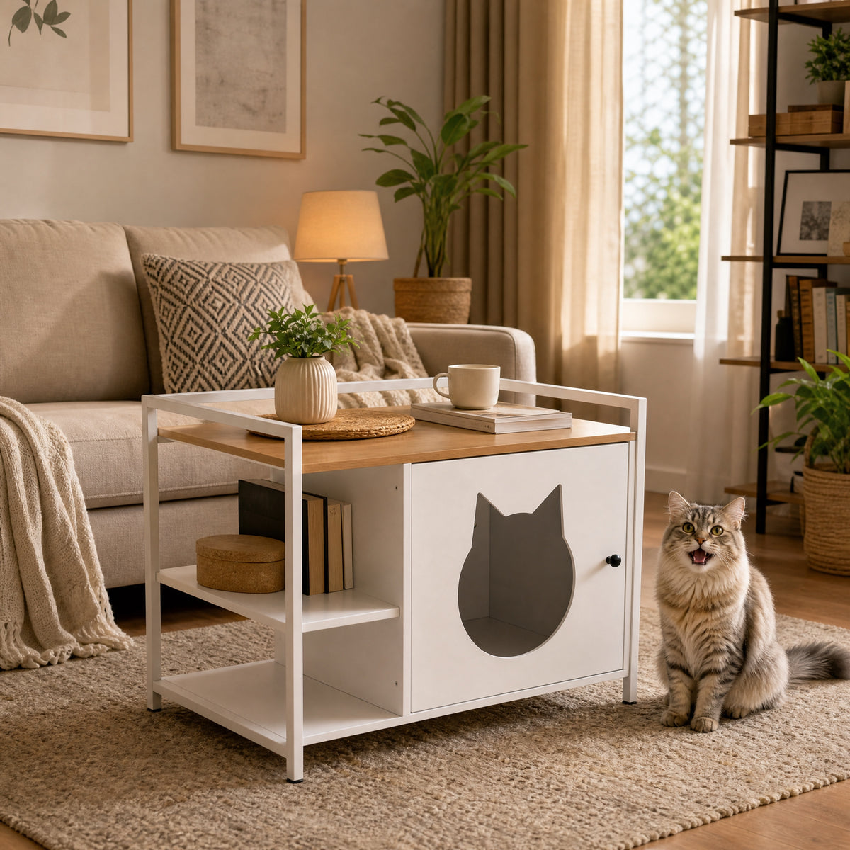 Armario multifuncional para la caja de arena de los gatos con agujero en forma de cabeza de gato, mesita de noche con 2 estantes y espacio de almacenamiento, moderno mueble para gatos para el salón y el dormitorio (blanco y madera)