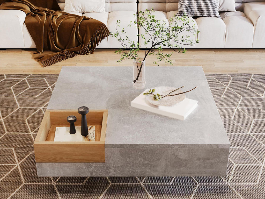 Mesita de centro para el salón, mesita lateral con caja de almacenamiento desmontable, color gris betón y color madera, 72*72*30 cm.