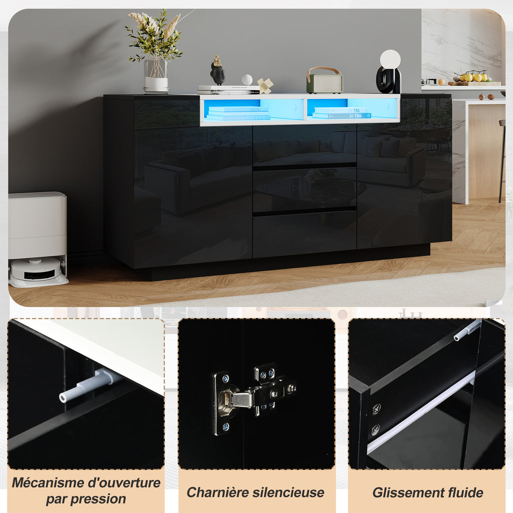 140*40*68cm Sideboard para el salón con 2 puertas en forma de L, armario para el salón con tabiques ajustables y luces LED, armario con lustre con 3 cajones, cómoda, negro