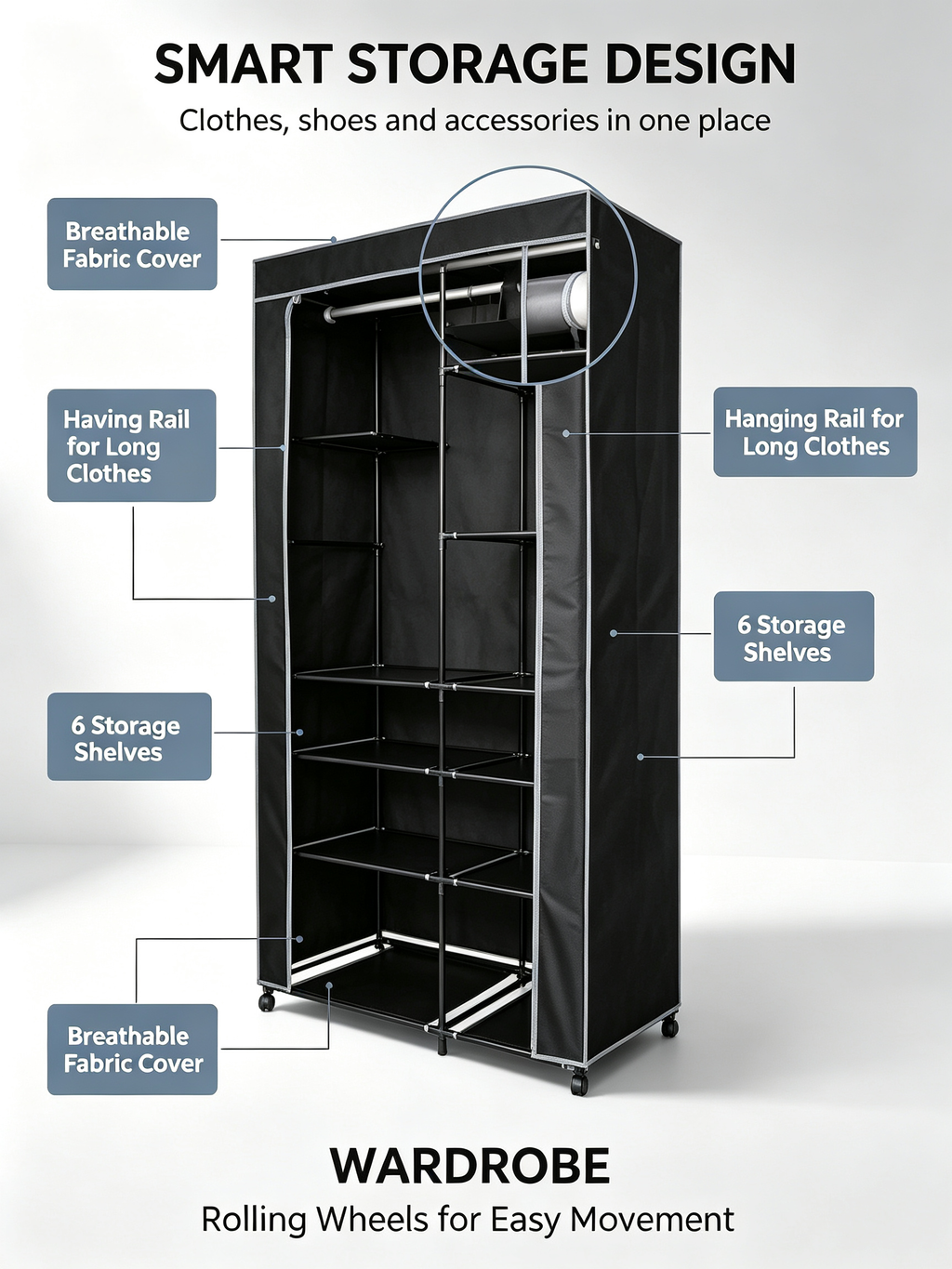 Armario de Tela con Ruedas Urban Living | 6 Estantes + Barra Colgador | 100x50x170 cm | Negro