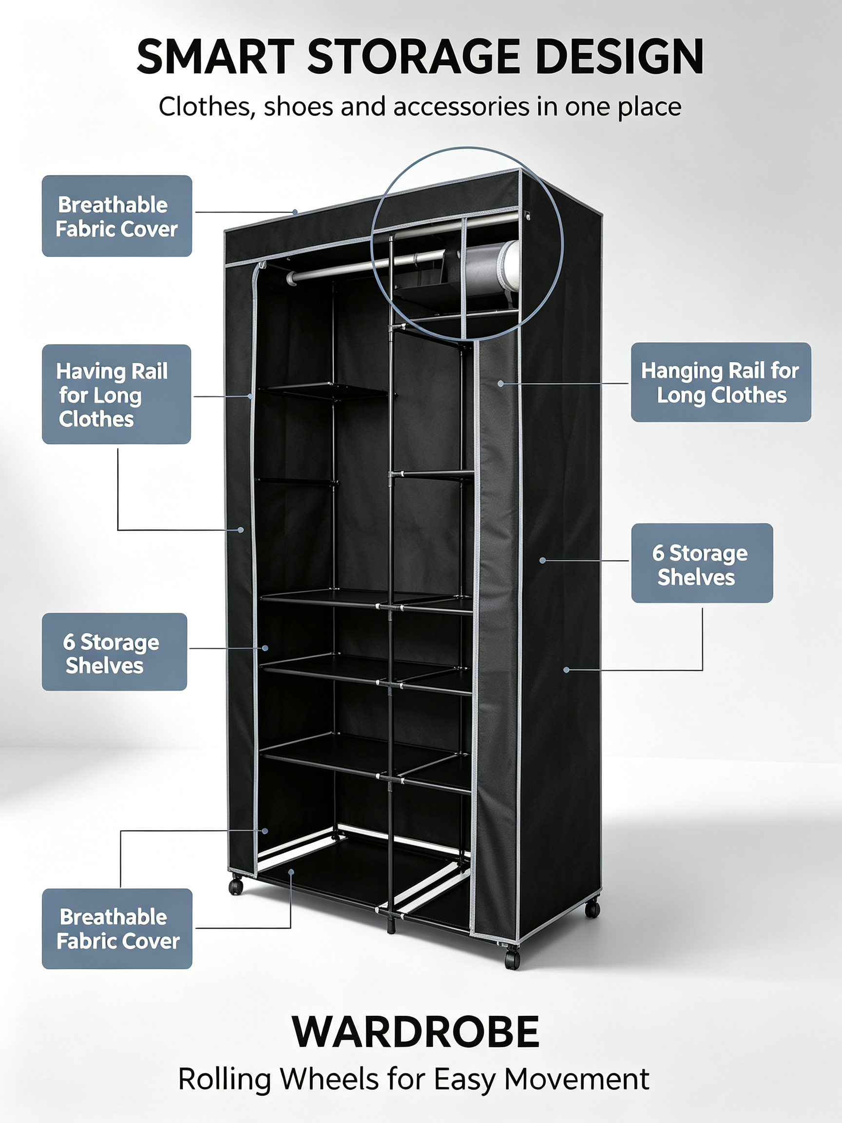 Armario de Tela con Ruedas Urban Living | 6 Estantes + Barra Colgador | 100x50x170 cm | Negro