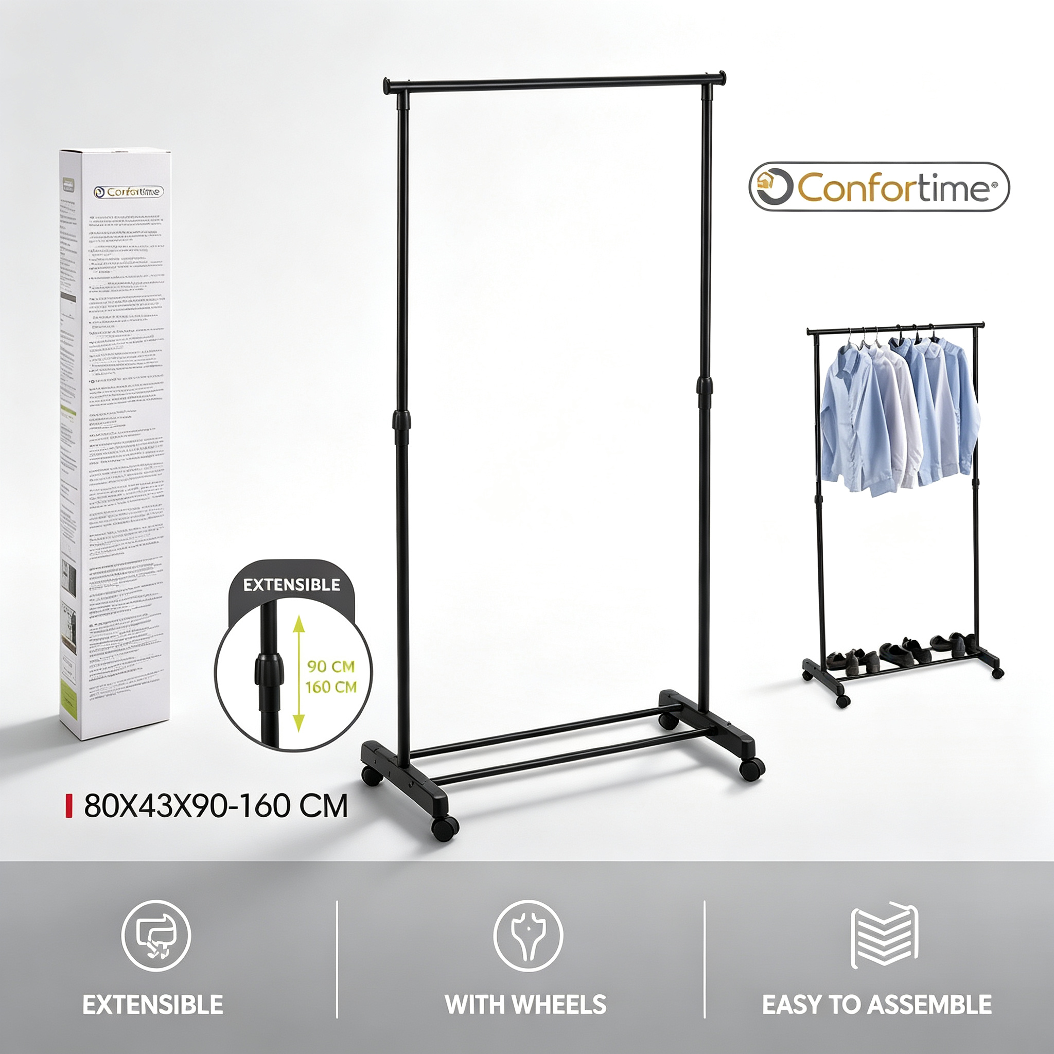 Perchero con Ruedas Confortime | Altura Regulable 90-160 cm | Metal Negro