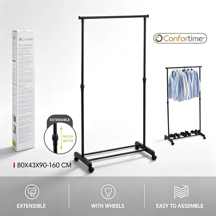 Perchero con Ruedas Confortime | Altura Regulable 90-160 cm | Metal Negro