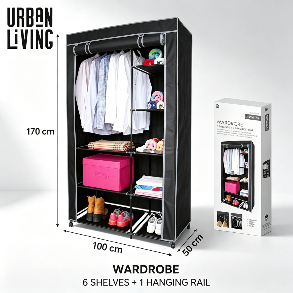 Armario de Tela con Ruedas Urban Living | 6 Estantes + Barra Colgador | 100x50x170 cm | Negro