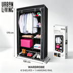Armario de Tela con Ruedas Urban Living | 6 Estantes + Barra Colgador | 100x50x170 cm | Negro
