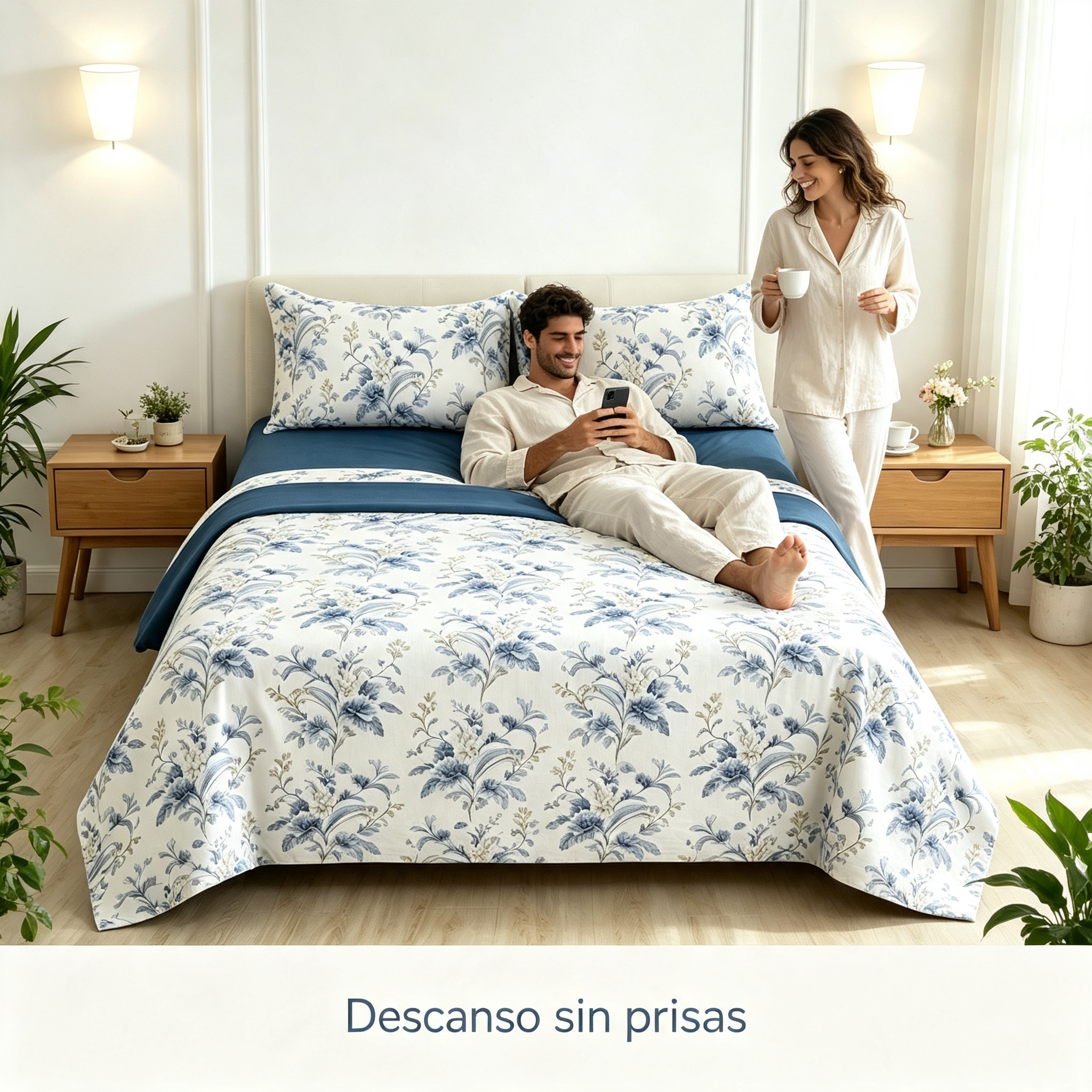Juego de Sábanas 4 Piezas | Estampado Floral Azul Clásico | Fondo Blanco | Sábana Encimera + 2 Fundas | Suave y Transpirable