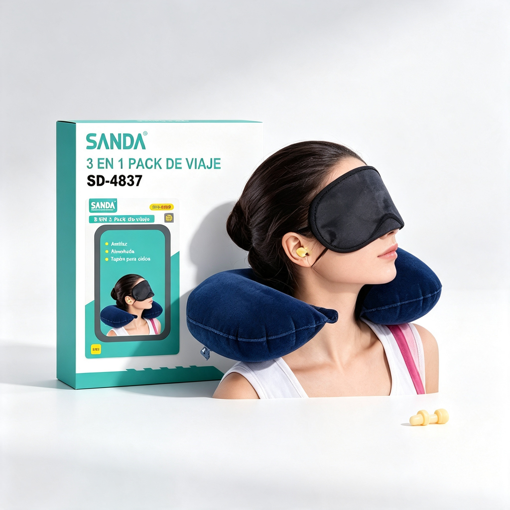 Kit de Viaje Almohada Cervical Inflable + Antifaz | Descanso en Avión y Tren