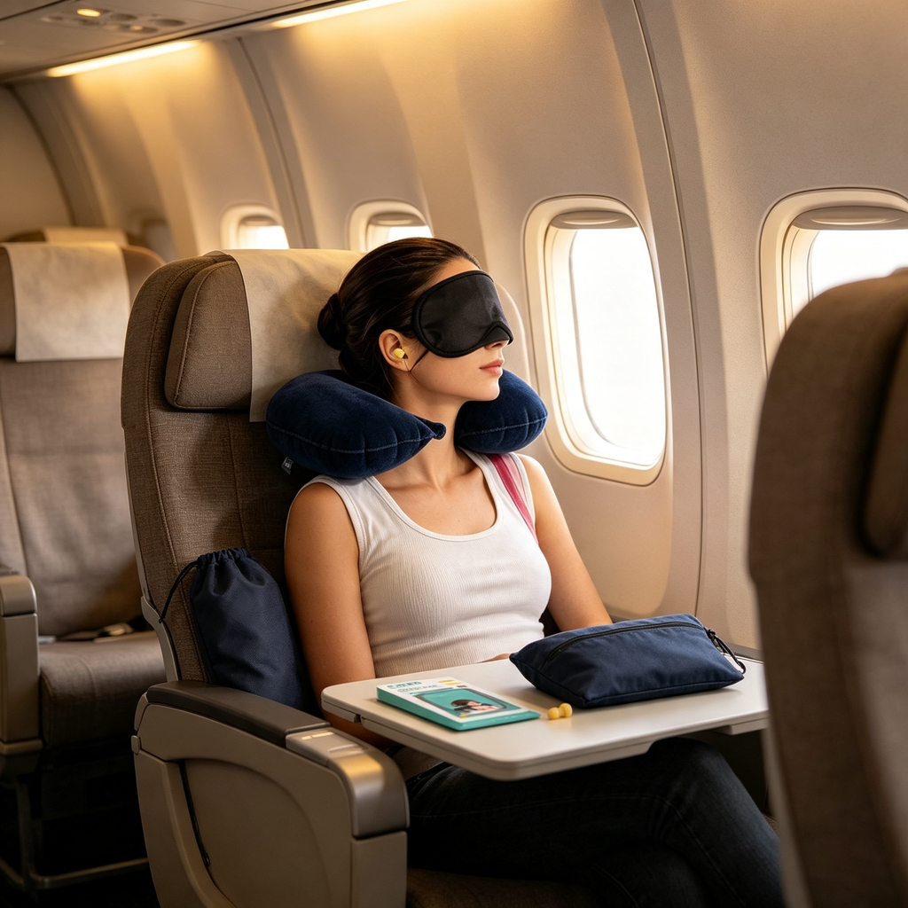 Kit de Viaje Almohada Cervical Inflable + Antifaz | Descanso en Avión y Tren