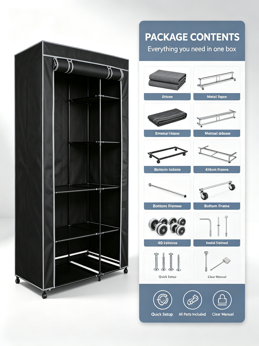 Armario de Tela con Ruedas Urban Living | 6 Estantes + Barra Colgador | 100x50x170 cm | Negro