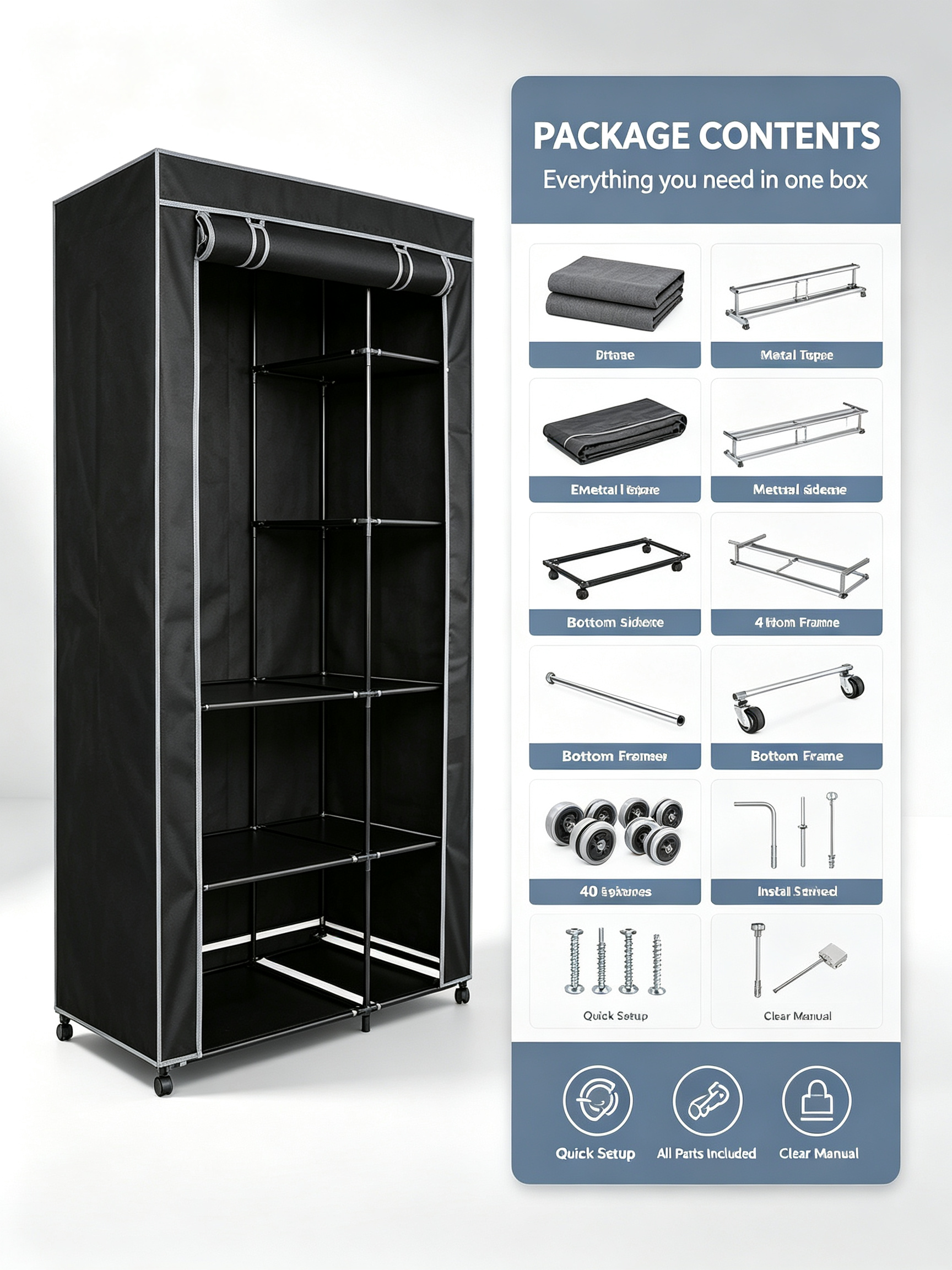 Armario de Tela con Ruedas Urban Living | 6 Estantes + Barra Colgador | 100x50x170 cm | Negro