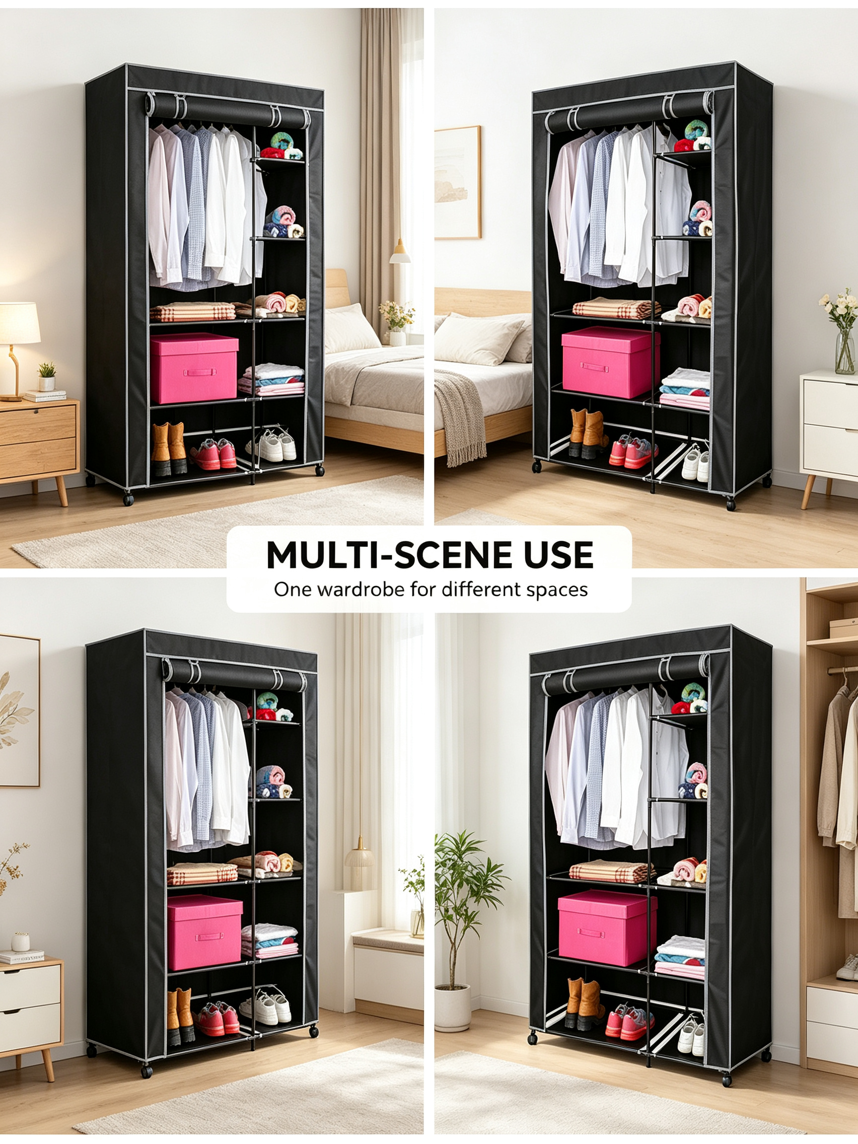 Armario de Tela con Ruedas Urban Living | 6 Estantes + Barra Colgador | 100x50x170 cm | Negro