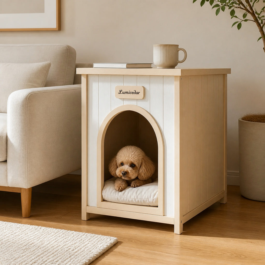 Mesa lateral para caja para perros de madera – Mueble para mascotas para el interior de la casa de madera FSC® para perros y gatos pequeños, Mesa lateral de estilo escandinavo