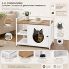 Armario multifuncional para la caja de arena de los gatos con agujero en forma de cabeza de gato, mesita de noche con 2 estantes y espacio de almacenamiento, moderno mueble para gatos para el salón y el dormitorio (blanco y madera)