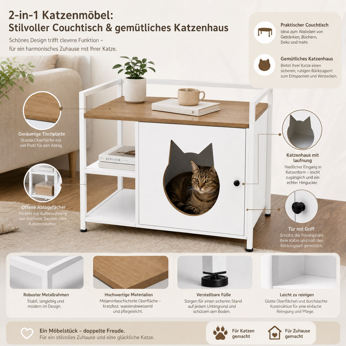 Armario multifuncional para la caja de arena de los gatos con agujero en forma de cabeza de gato, mesita de noche con 2 estantes y espacio de almacenamiento, moderno mueble para gatos para el salón y el dormitorio (blanco y madera)