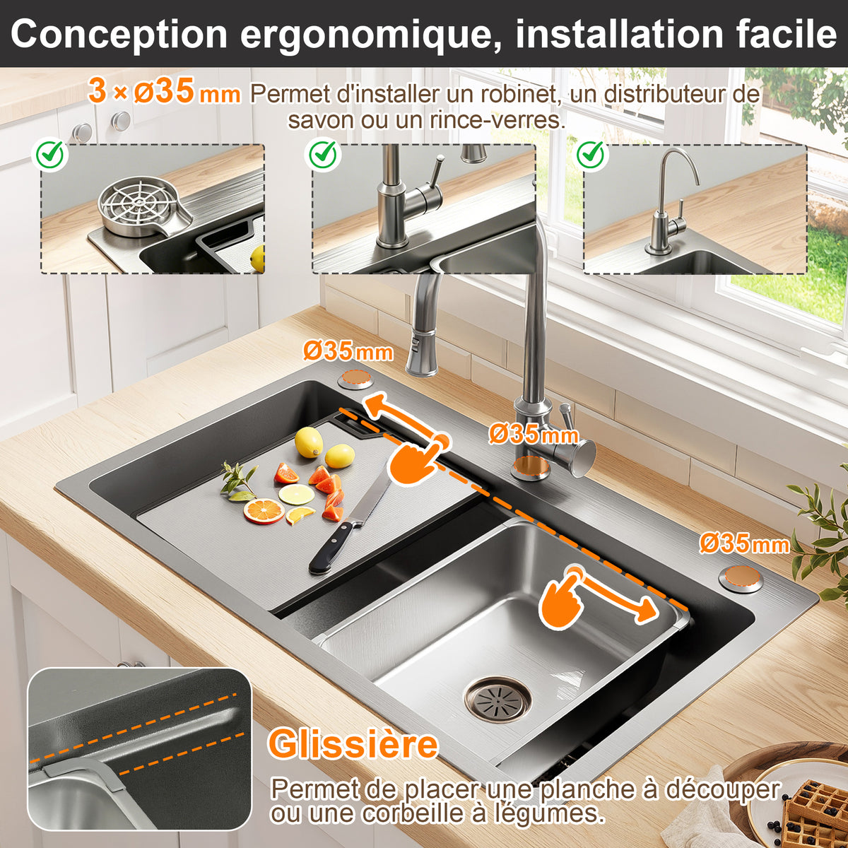 Lavabo de instalación de 75x45cm de acero inoxidable con tabla de corte, fregadero interior adicional y colador, lavabo de cocina con recubrimiento PVD, desague en cascada, construcción silenciosa y 3 tocones para accesorios