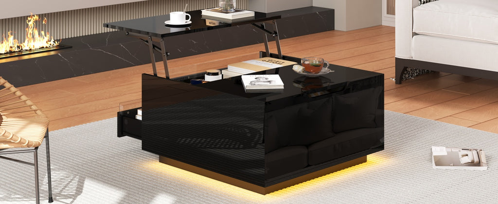 Mesón de salón de 70*70*38cm, Mesón de café elevador con tira de luz LED, Sofático con 1 cajón, Mesón auxiliar de alta brillantez con espacio de almacenamiento oculto y puertas con abertura superior, Negro