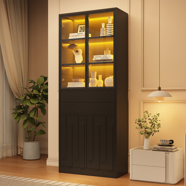 Vitrina LED de 70×34×180cm con 2 cajones, armario alto con puertas de vitrina, armario de salón con LED, armario para el salón, cocina, oficina, entrada, negro