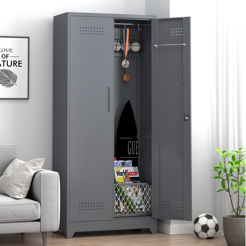 Gabinet de almacenamiento para escobas con puertas con cerradura y estantes, gabinete de almacenamiento metálico de 65" de alto con varilla de colgado y anzuelos S, gabinete de almacenamiento de herramientas de limpieza