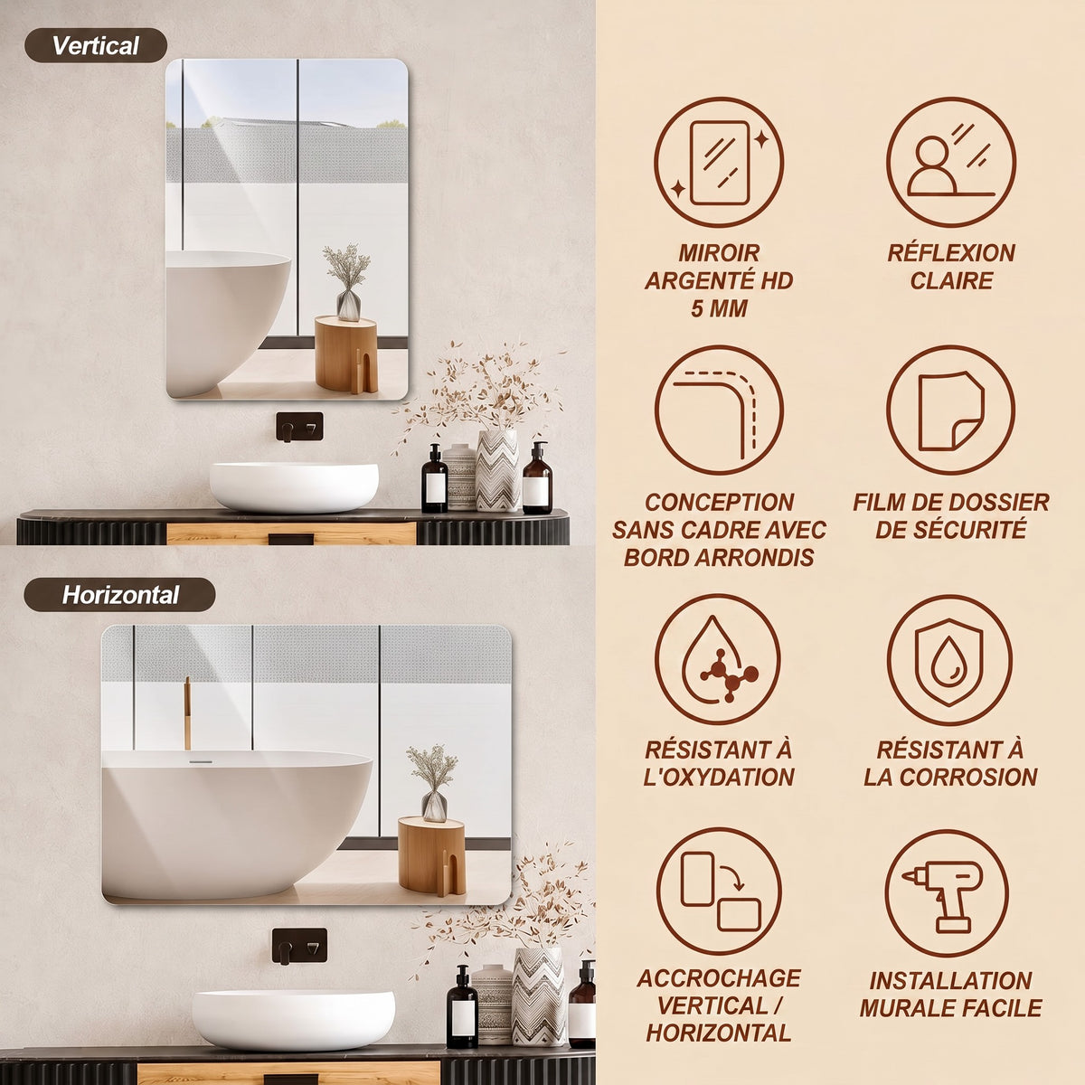 Espejo de baño de 60×100 cm, sin marco con esquinas redondeadas, espejo de 5 mm HD de plata, película de seguridad, montable horizontal o verticalmente