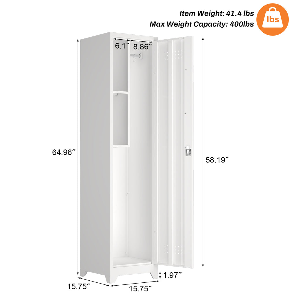 Gabineté de almacenamiento para limpieza de metal esbelto y blanco con puerta cerradora, estantes y barra de colgado, 65" de alto, organizador de utilidades para la cocina, despensa, oficina, taller y garaje