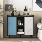 Gabinet de buffet, armario negro con puertas azules, 2 cajones con panel único y 2 compartimientos de almacenamiento abiertos, gabinete de bar de café moderno, armario de acento para la cocina, comedor