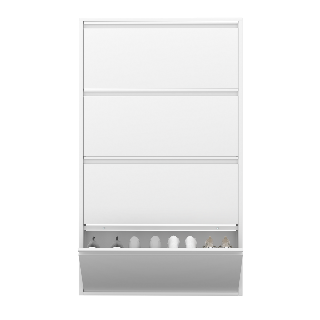 Gabinet de calzado de metal con 4 cajones volteables, organizador de calzado para la pared, estante oculto estrecho para el vestíbulo, blanco