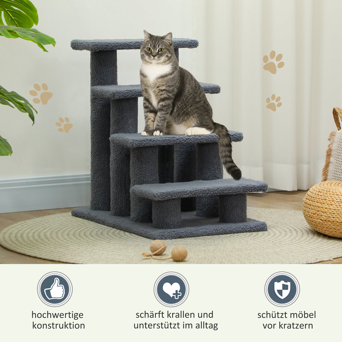 Escalera para mascotas, escalera para gatos, escalera para perros, 4 escalones, color gris, 63,5x43x60cm, ideal para gatos y perros, perfecta para ancianos y mascotas pequeñas