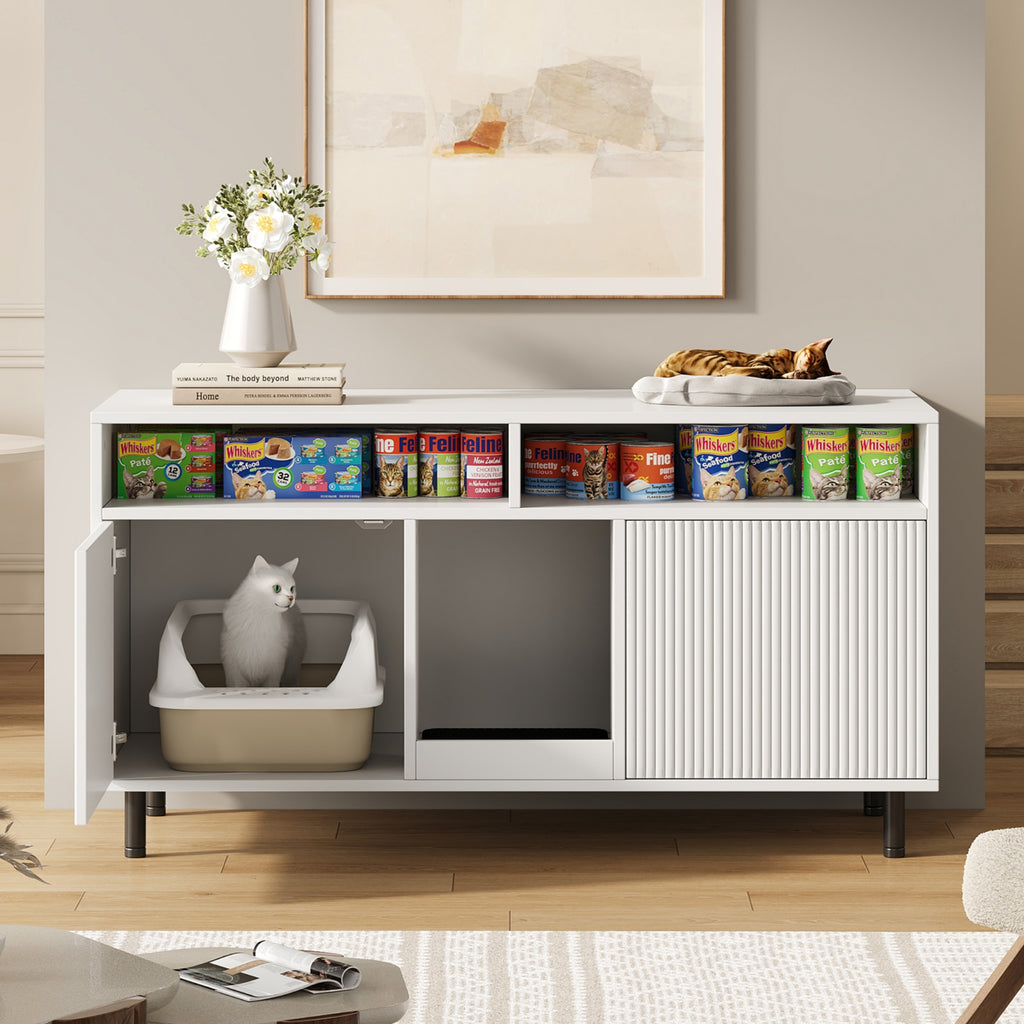 Katzentoiletten-Schrank/Katzenstreuwanne-Schrank con Alfombra de Cojín para Arena, Armario para Mascotas con Soporte, Sideboard/TV Stand para Mascotas, sin Baño para Gato, 120x50x66cm, Blanco