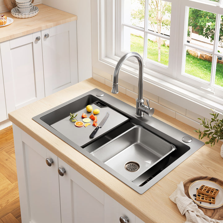 Lavabo de instalación de 75x45cm de acero inoxidable con tabla de corte, fregadero interior adicional y colador, lavabo de cocina con recubrimiento PVD, desague en cascada, construcción silenciosa y 3 tocones para accesorios