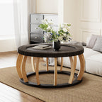 Mesa de café redonda de madera sólida con mimbre vintage, patas curvas, acento boho para el comedor, la cocina y la sala de estar, Negro Marrón