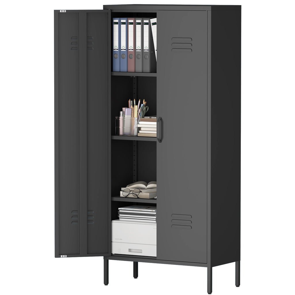 Gabinet de almacenamiento metálico alto negro con 2 puertas y estantes ajustables, gabinete multifuncional para oficina, cuarto de utilidades y garaje