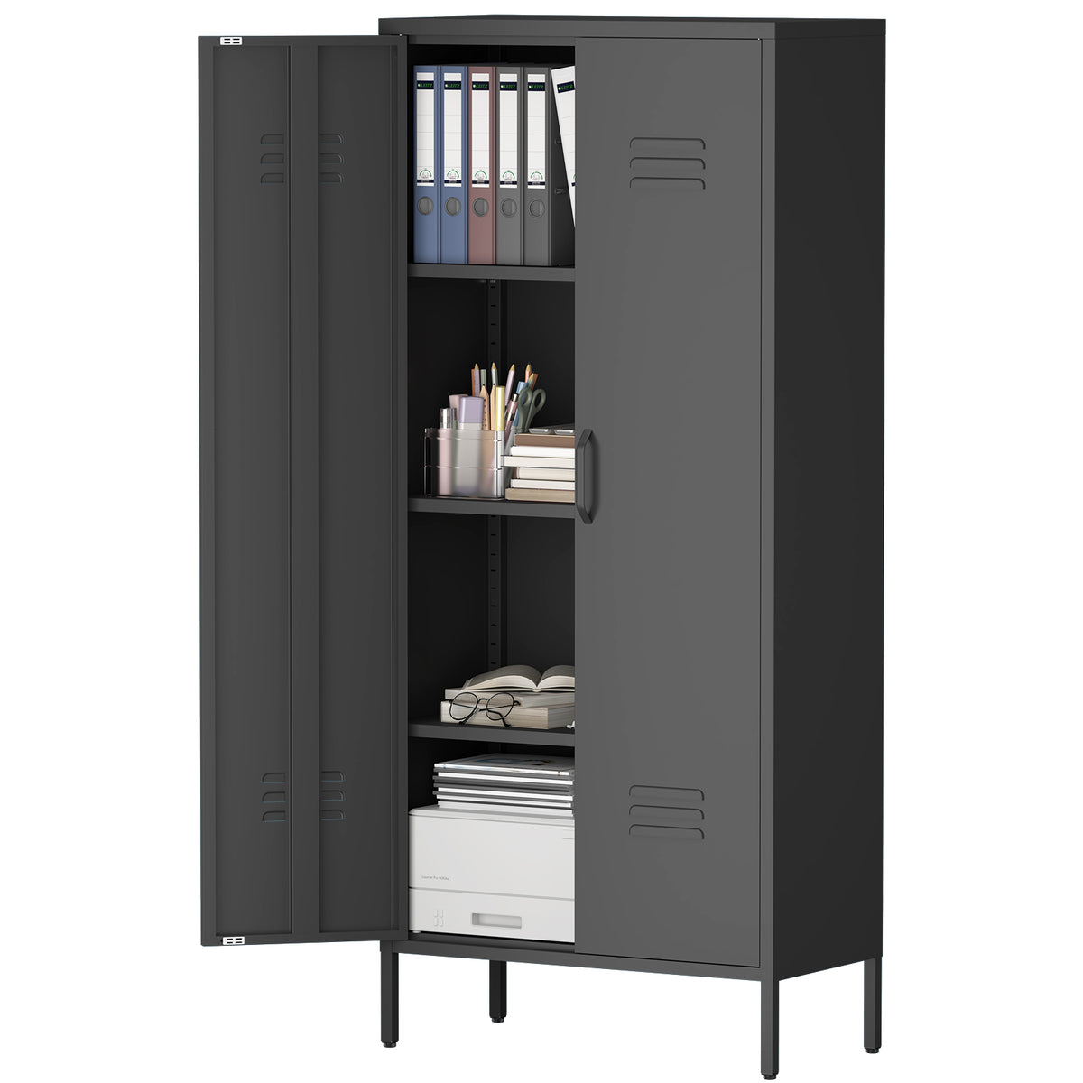Gabinet de almacenamiento metálico alto negro con 2 puertas y estantes ajustables, gabinete multifuncional para oficina, cuarto de utilidades y garaje