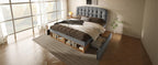Cama Doble 140x190 cm de Lana Gris con Cajones y Cabecero Regulable – Sin Colchón