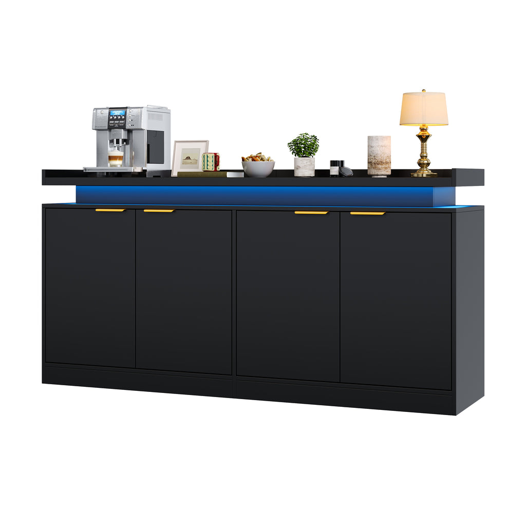 Armario de cocina con iluminación LED, Sideboard con 4 puertas, Buffet con mucho espacio de almacenamiento para el comedor y el salón, 160 × 39 × 83 cm