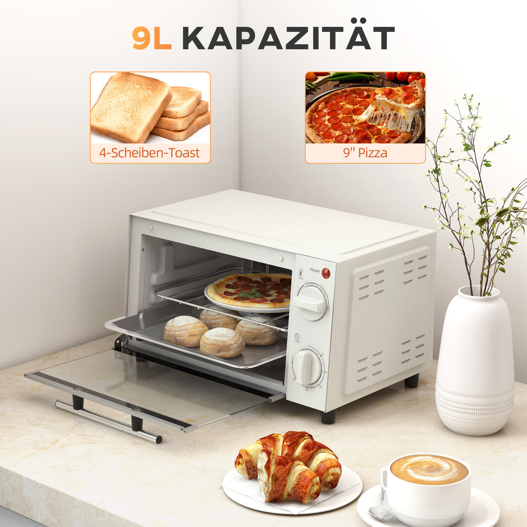 Miniforno de 9L con placa de hornear, rejilla de grill, 100 °C-230 °C, temperatura y tiempo de cocción ajustables, temporizador de 60 min, 750W, acero inoxidable, crema blanca