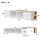 Mueble lateral para TV con iluminación LED, extensible, 2 cajones + 2 puertas correderas de cristal + 1 compartimiento, Mueble lateral para TV con espacio de almacenamiento, estante lateral, moderno, Blanco & Madera, 175×40×35,5 cm
