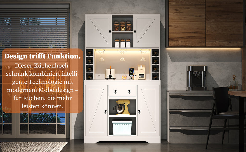 Armario de cocina, armario alto, armario de vinos con soportes de empotramiento ajustables, cajón, soporte para vasos de vino de acero inoxidable, compartimentos para botellas de vino, iluminación LED con cambio de color y enchufes, 180 × 105 × 40 cm