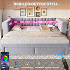Sofá cama con cojines 90/180 × 190 cm, con cama extraíble y cajones, estantes integrados, iluminación LED, conectores USB y Typ-C, tela de seda gris claro