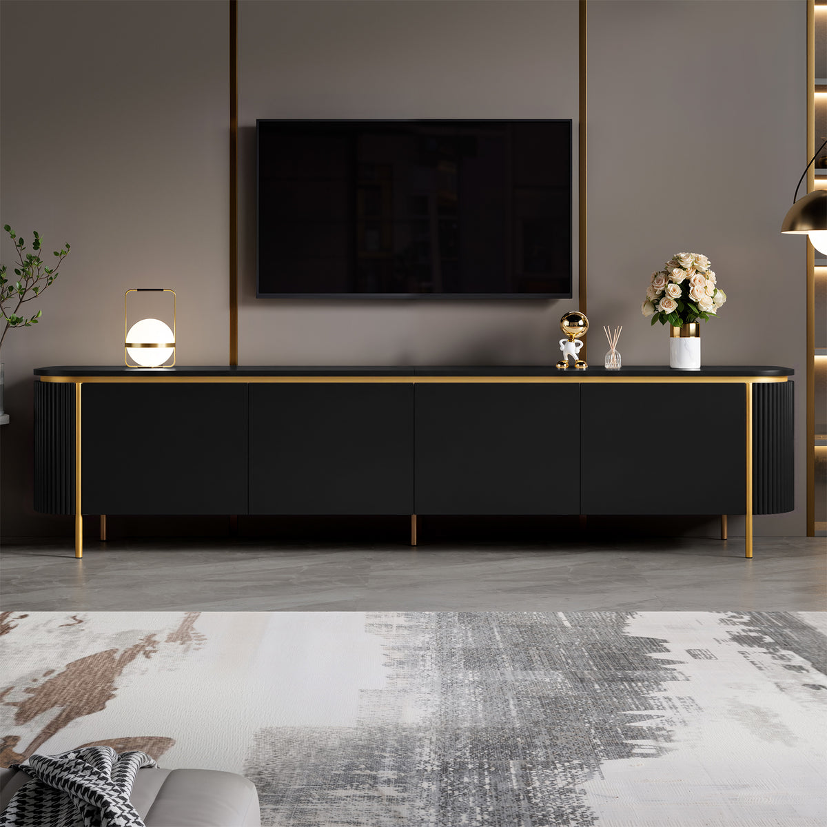 Armario bajo para TV con patas de hierro, 6 puertas, bordes redondeados y ranurado para cables, ideal para el salón