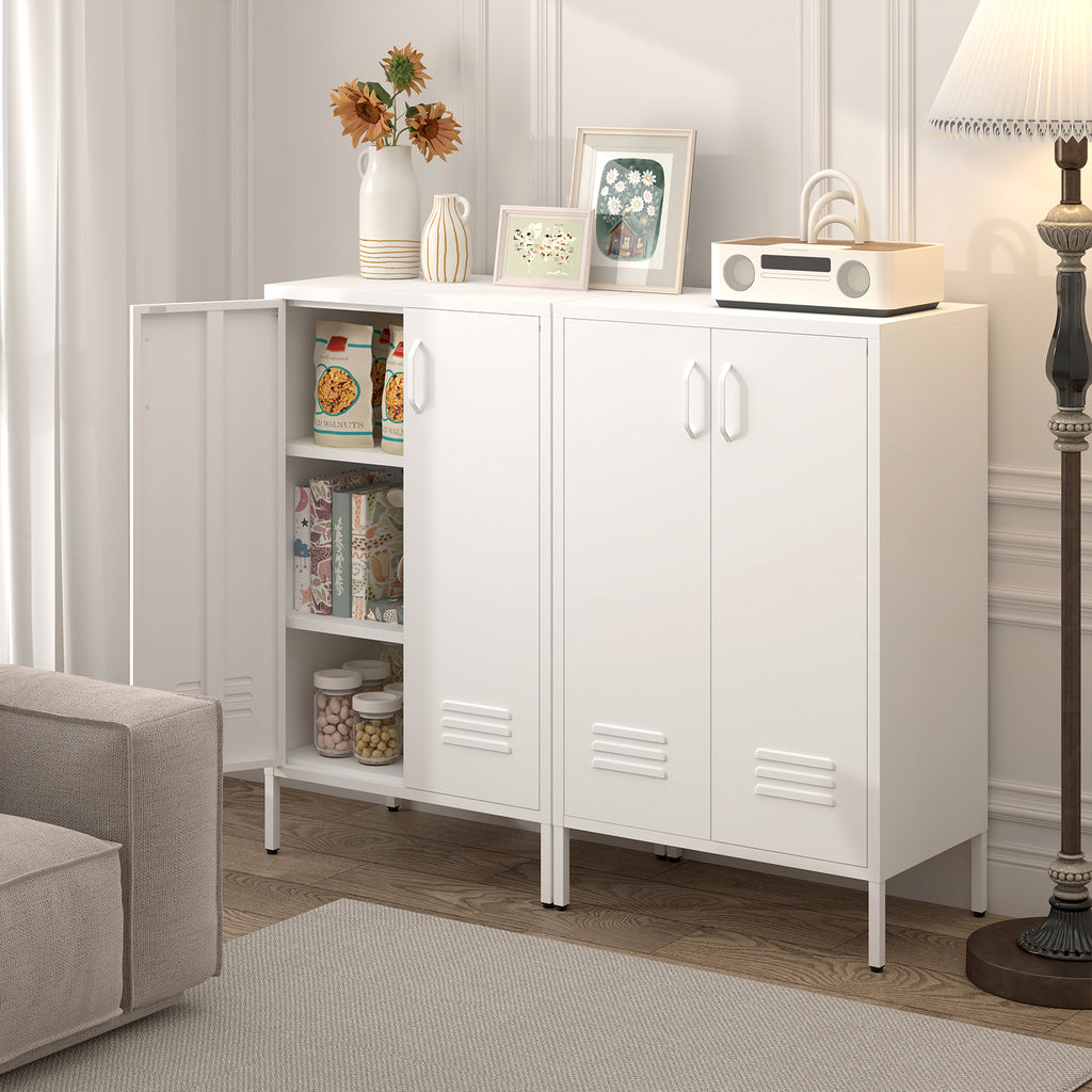 Gabinet de almacenamiento de acero blanco con 2 puertas y 2 estantes ajustables, gabinete multifuncional para el salón, la cocina, el dormitorio, el almacenamiento de herramientas en el garaje y la organización de archivos en el despacho