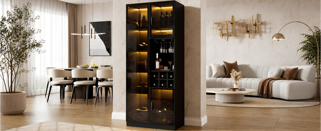 Vitrina con iluminación LED controlable por App, armario de cristal con puertas de cristal, estante para vinos y espacio de almacenamiento, armario para el salón