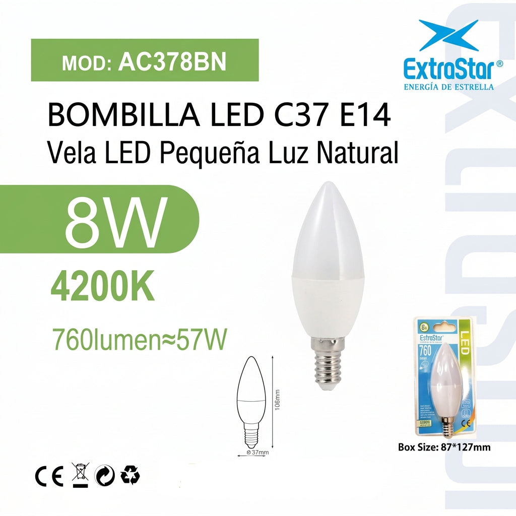 Bombilla LED C37 E14 8W Luz Natural